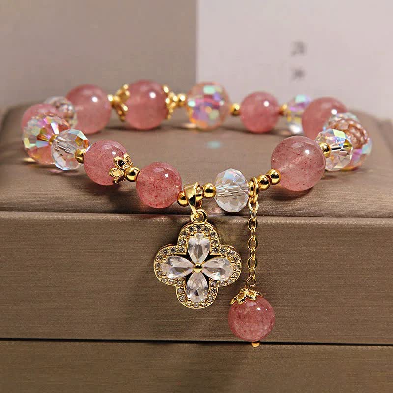 Buddha Stones Pulsera con borla de cuentas de cuarzo fresa y trébol - Cuarzo fresa (Amor ♥ Sanación) - image 0