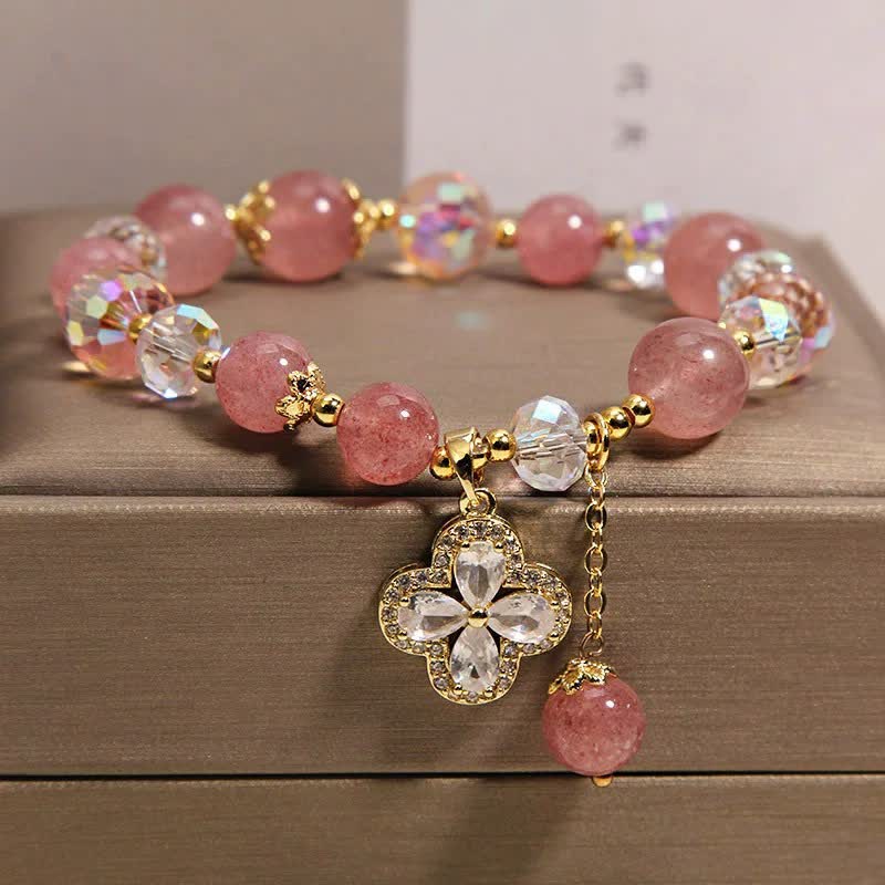 Buddha Stones Pulsera con borla de cuentas de cuarzo fresa y trébol - image 1