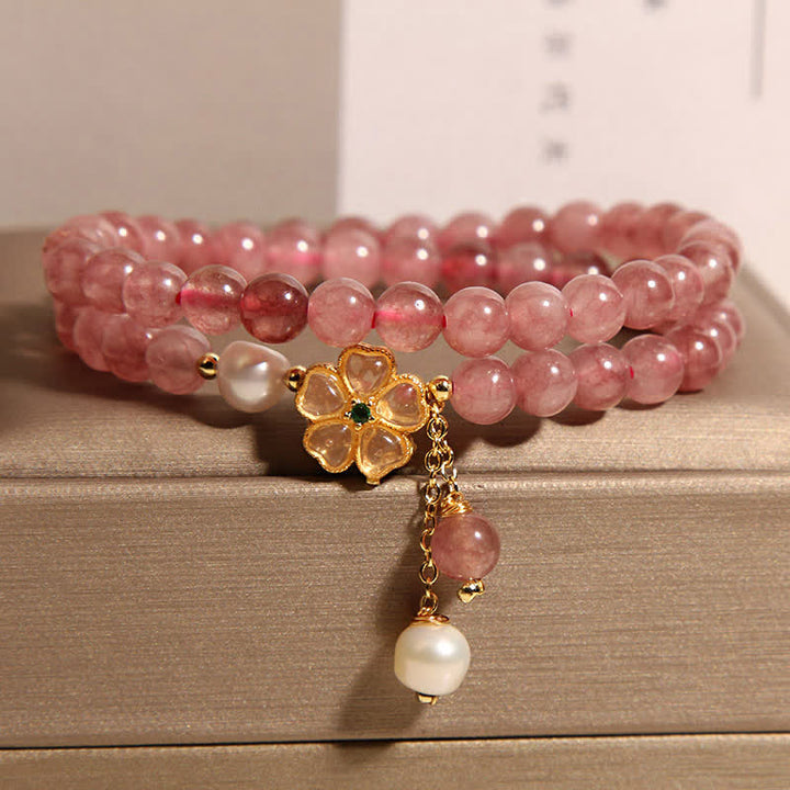 Buddha Stones Pulsera doble de cuarzo fresa con perlas y diseño de trébol. - image 2