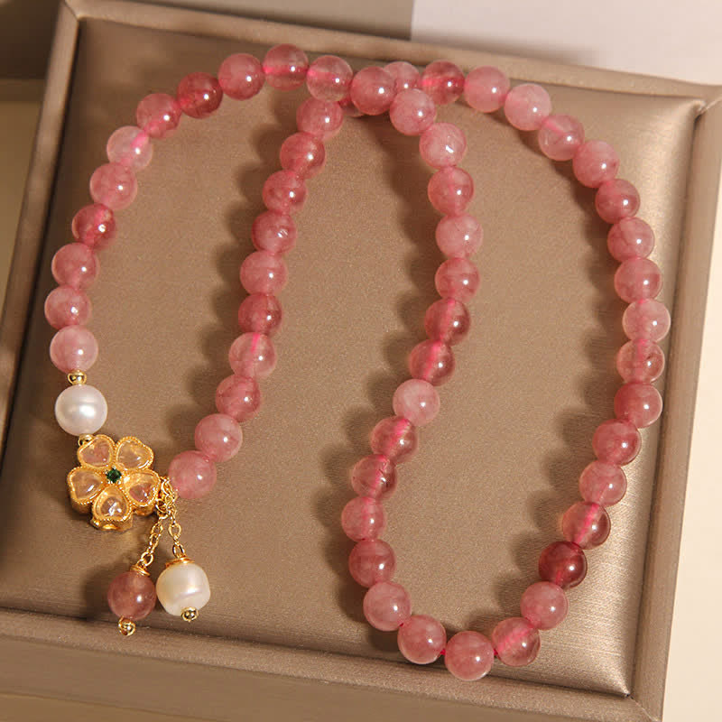 Buddha Stones Pulsera doble de cuarzo fresa con perlas y diseño de trébol. - image 8