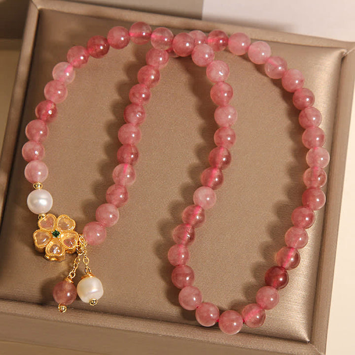 Buddha Stones Pulsera doble de cuarzo fresa con perlas y diseño de trébol. - image 8