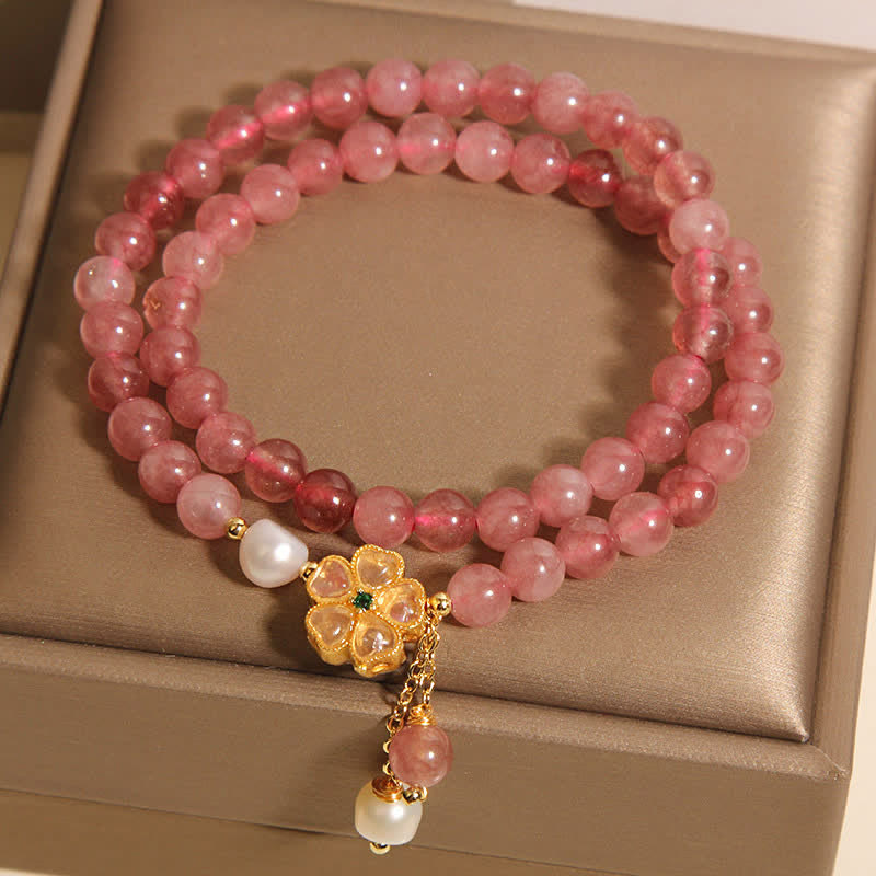 Buddha Stones Pulsera doble de cuarzo fresa con perlas y diseño de trébol. - image 4