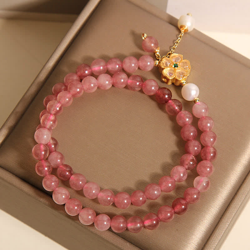Buddha Stones Pulsera doble de cuarzo fresa con perlas y diseño de trébol. - image 7