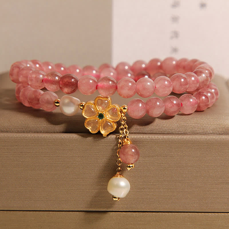 Buddha Stones Pulsera doble de cuarzo fresa con perlas y diseño de trébol. - Cuarzo fresa (Amor ♥ Sanación) - image 0