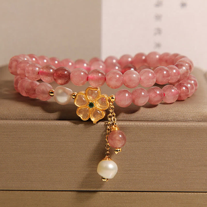 Buddha Stones Pulsera doble de cuarzo fresa con perlas y diseño de trébol. - Cuarzo fresa (Amor ♥ Sanación) - image 0
