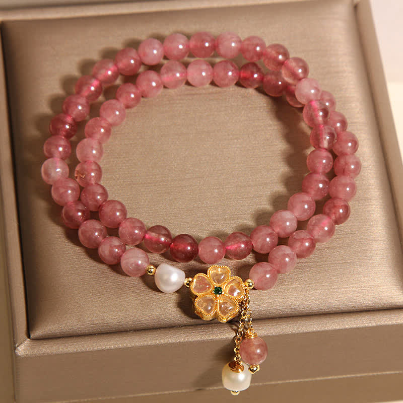Buddha Stones Pulsera doble de cuarzo fresa con perlas y diseño de trébol. - image 6