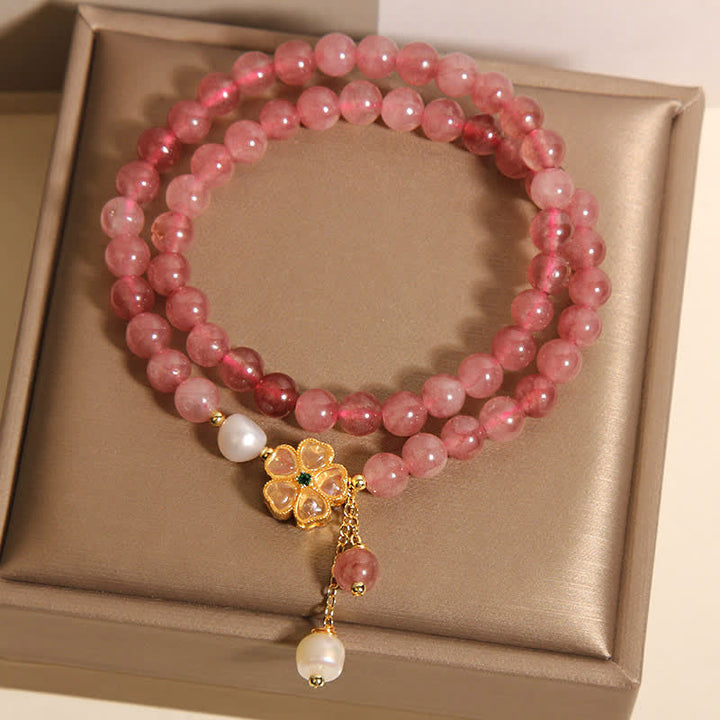 Buddha Stones Pulsera doble de cuarzo fresa con perlas y diseño de trébol. - image 3