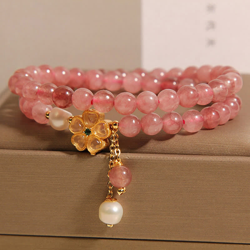 Buddha Stones Pulsera doble de cuarzo fresa con perlas y diseño de trébol. - image 1