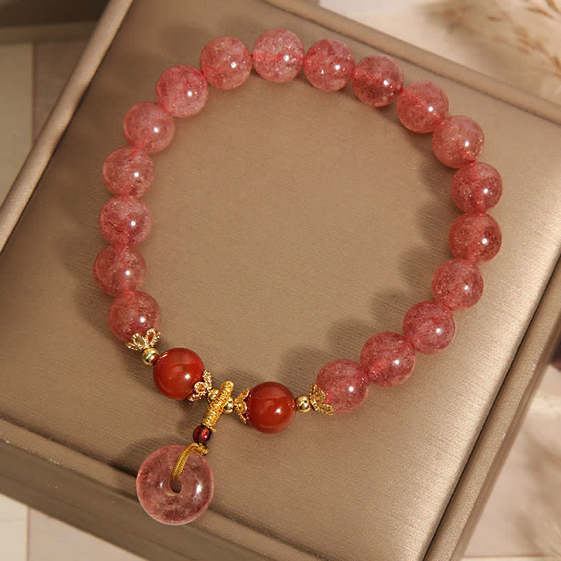 Buddha Stones Pulsera redonda de cuentas con hebilla de paz y amor de cuarzo fresa - image 3