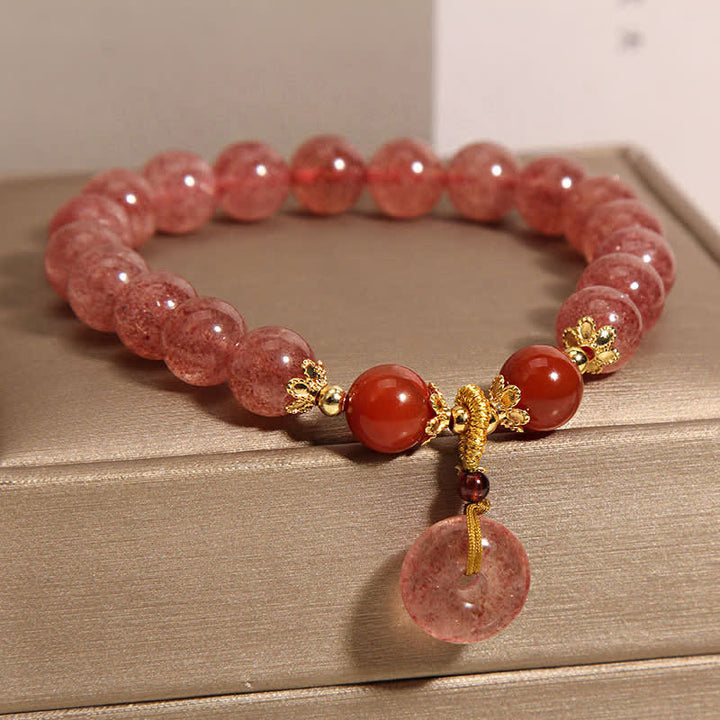 Buddha Stones Pulsera redonda de cuentas con hebilla de paz y amor de cuarzo fresa - image 2