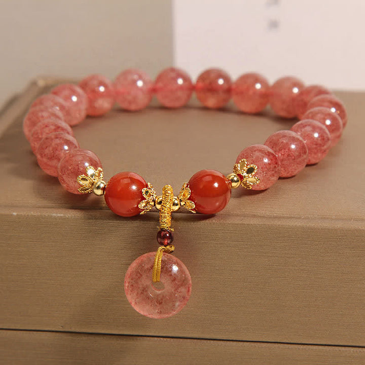 Buddha Stones Pulsera redonda de cuentas con hebilla de paz y amor de cuarzo fresa - image 1