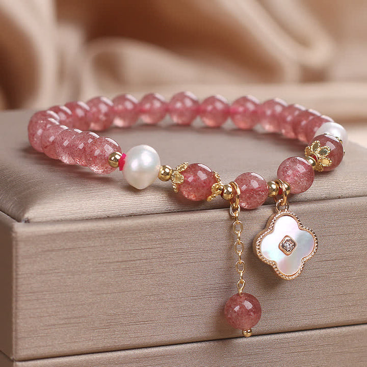 Buddha Stones Pulsera redonda de cuentas de cuarzo fresa, perla y trébol de cuatro hojas. - image 2