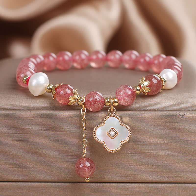 Buddha Stones Pulsera redonda de cuentas de cuarzo fresa, perla y trébol de cuatro hojas. - Cuarzo fresa (Amor ♥ Sanación) - image 0
