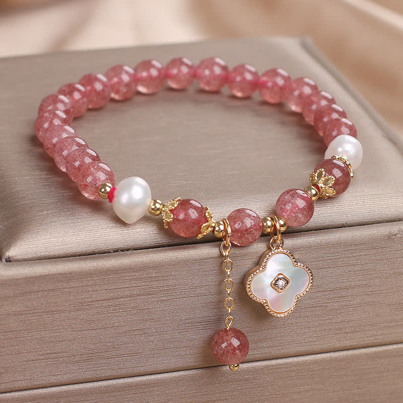 Buddha Stones Pulsera redonda de cuentas de cuarzo fresa, perla y trébol de cuatro hojas. - image 1