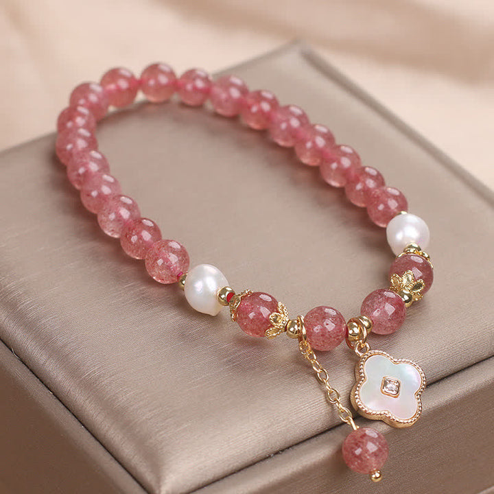 Buddha Stones Pulsera redonda de cuentas de cuarzo fresa, perla y trébol de cuatro hojas. - image 6