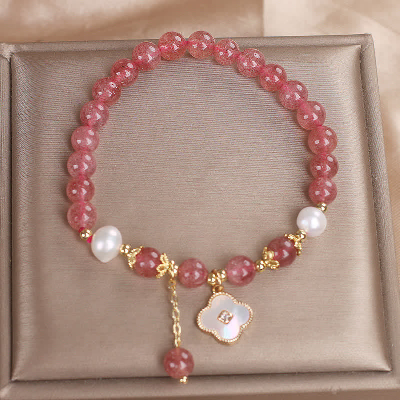 Buddha Stones Pulsera redonda de cuentas de cuarzo fresa, perla y trébol de cuatro hojas. - image 9