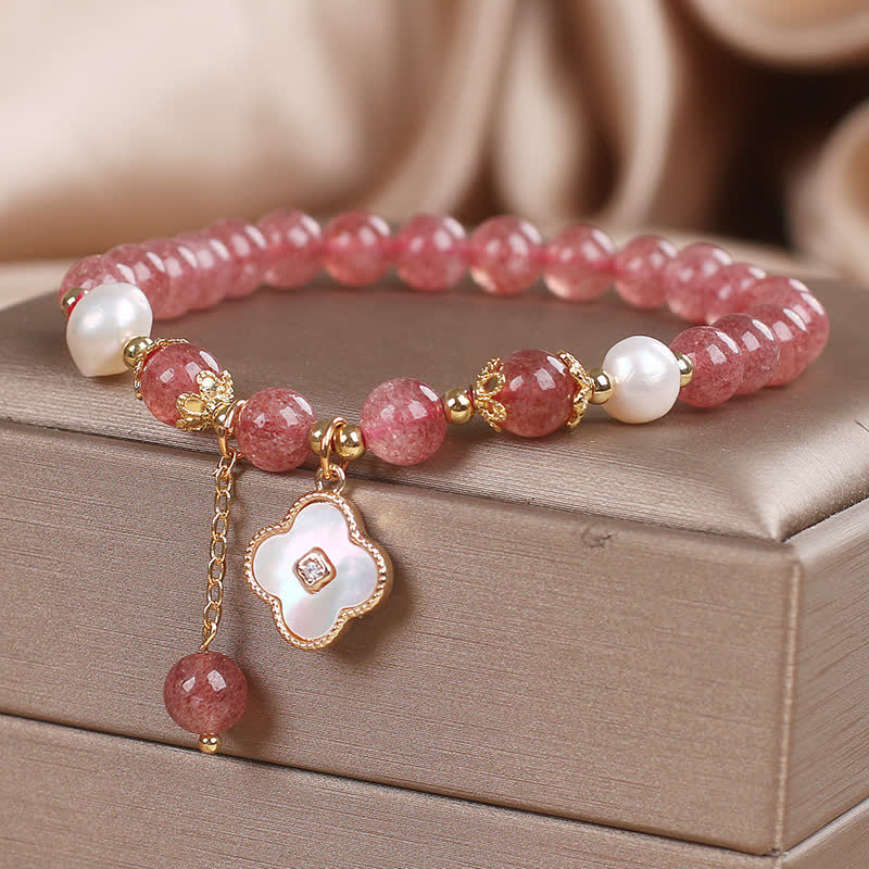 Buddha Stones Pulsera redonda de cuentas de cuarzo fresa, perla y trébol de cuatro hojas. - image 4