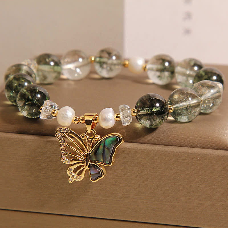 Buddha Stones Pulsera de cuentas con mariposa y detalles de perlas fantasma verdes - image 1