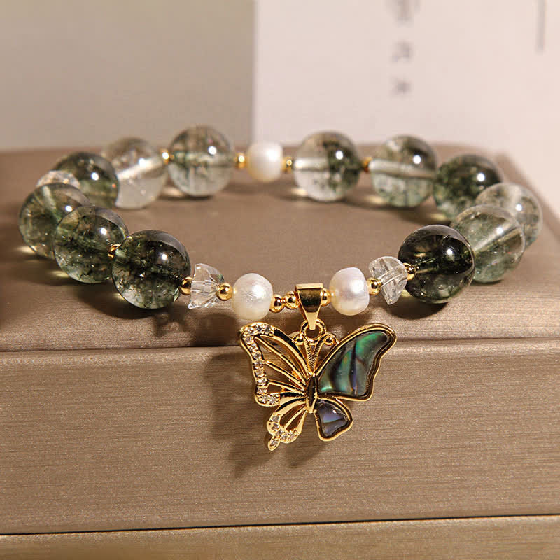 Buddha Stones Pulsera de cuentas con mariposa y detalles de perlas fantasma verdes - image 2