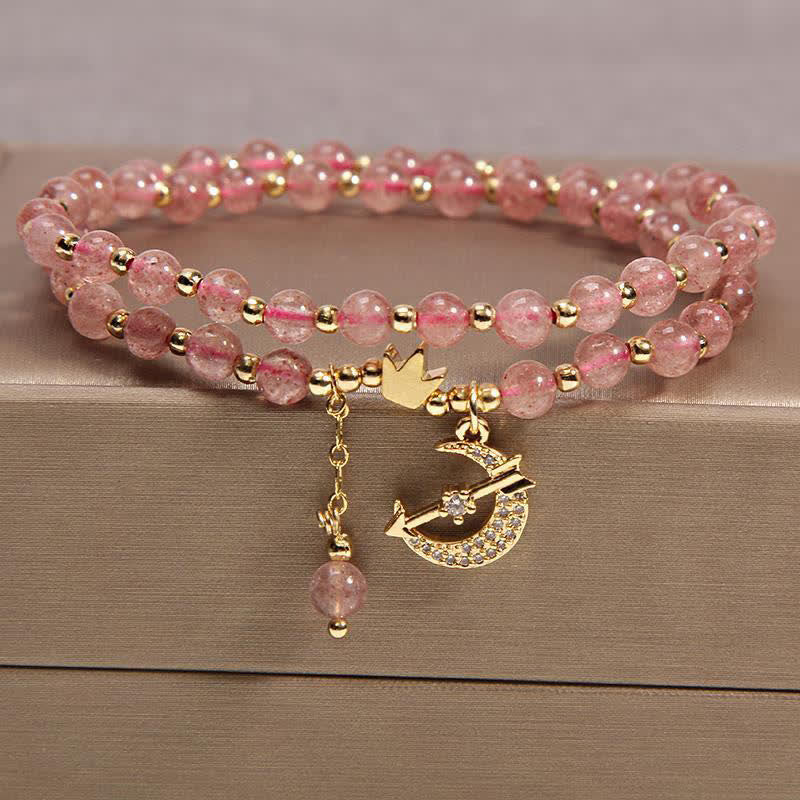 Buddha Stones Pulsera de cuentas de doble vuelta con diseño de luna y corona para purificación - Cuarzo fresa (Amor ♥ Sanación) - image 1