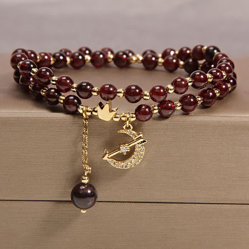 Buddha Stones Pulsera de cuentas de doble vuelta con diseño de luna y corona para purificación - Granate (Pasión ♥ Energía) - image 0