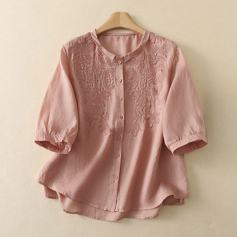 Buddha Stones Camisas de manga tres cuartos para mujer con bordado floral estilo vintage de verano - rosa claro - US8-10，UK/AU12-14，EU40-42 (2XL) - image 5