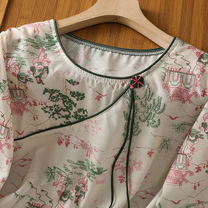 Buddha Stones Camisas de manga tres cuartos para mujer con estampado floral y botones de rana, estilo Summer Tang. - image 3