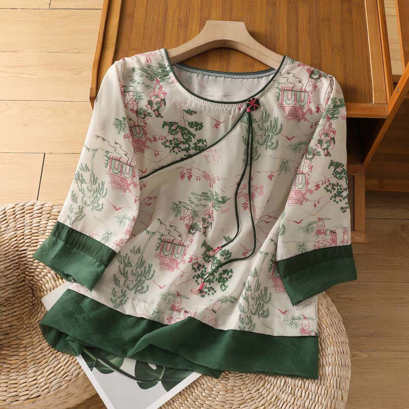 Buddha Stones Camisas de manga tres cuartos para mujer con estampado floral y botones de rana, estilo Summer Tang. - Blanco - US8-10，UK/AU12-14，EU40-42 (2XL) - image 0