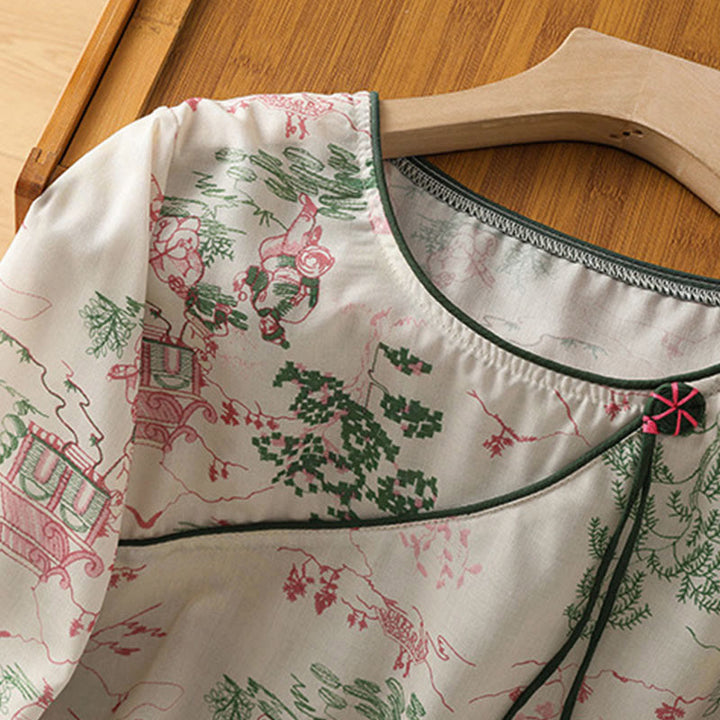 Buddha Stones Camisas de manga tres cuartos para mujer con estampado floral y botones de rana, estilo Summer Tang. - image 2