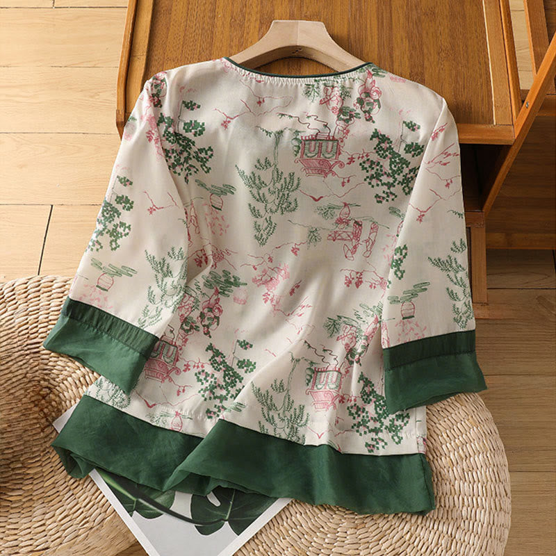 Buddha Stones Camisas de manga tres cuartos para mujer con estampado floral y botones de rana, estilo Summer Tang. - image 1