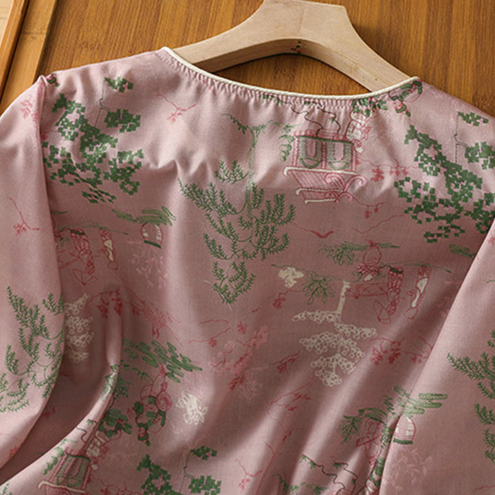 Buddha Stones Camisas de manga tres cuartos para mujer con estampado floral y botones de rana, estilo Summer Tang. - image 8
