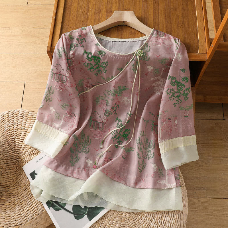 Buddha Stones Camisas de manga tres cuartos para mujer con estampado floral y botones de rana, estilo Summer Tang. - rosa claro - US8-10，UK/AU12-14，EU40-42 (2XL) - image 4
