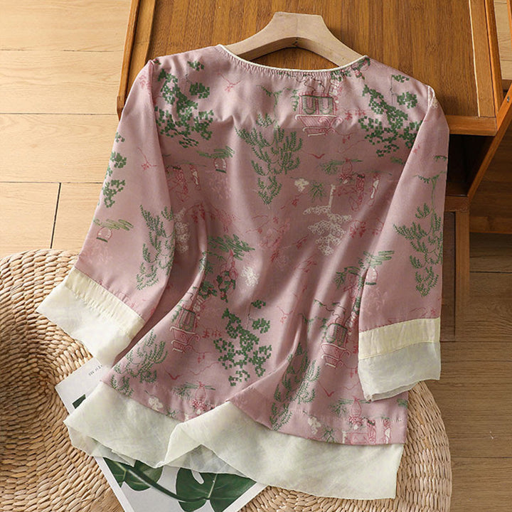 Buddha Stones Camisas de manga tres cuartos para mujer con estampado floral y botones de rana, estilo Summer Tang. - image 5