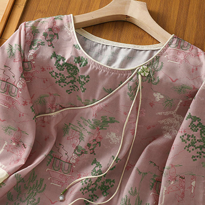 Buddha Stones Camisas de manga tres cuartos para mujer con estampado floral y botones de rana, estilo Summer Tang. - image 7