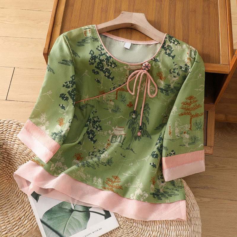 Buddha Stones Camisas de manga tres cuartos para mujer con estampado floral y botones de rana, estilo Summer Tang. - Verde pálido - US8-10，UK/AU12-14，EU40-42 (2XL) - image 12