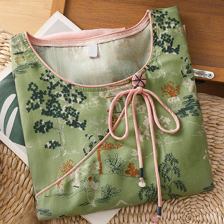 Buddha Stones Camisas de manga tres cuartos para mujer con estampado floral y botones de rana, estilo Summer Tang. - image 14