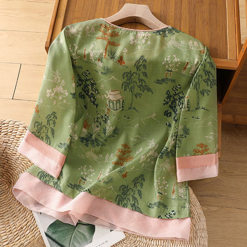Buddha Stones Camisas de manga tres cuartos para mujer con estampado floral y botones de rana, estilo Summer Tang. - image 13