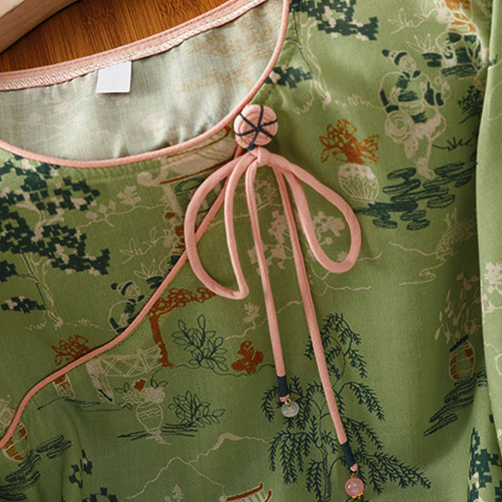 Buddha Stones Camisas de manga tres cuartos para mujer con estampado floral y botones de rana, estilo Summer Tang. - image 18