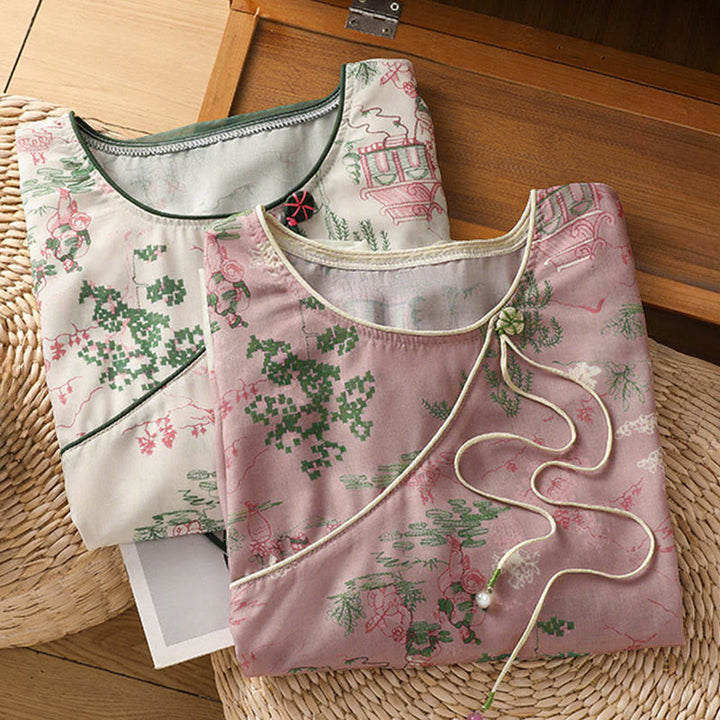 Buddha Stones Camisas de manga tres cuartos para mujer con estampado floral y botones de rana, estilo Summer Tang. - image 24