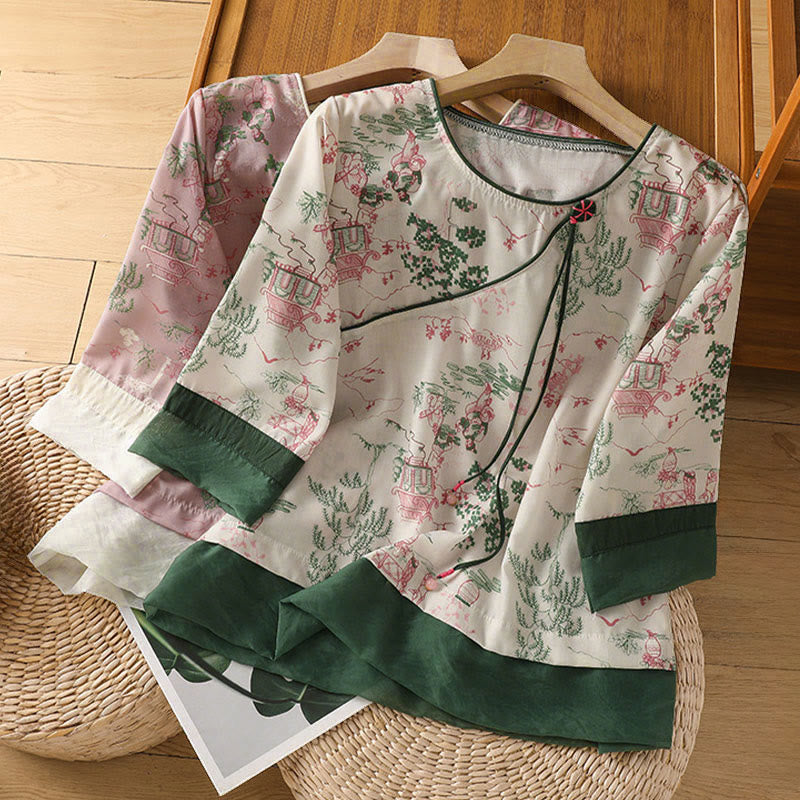 Buddha Stones Camisas de manga tres cuartos para mujer con estampado floral y botones de rana, estilo Summer Tang. - image 25