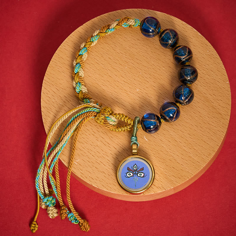Buddha Stones Pulsera de hilo con cuentas de vidrio tibetano Liuli, cinco direcciones, dioses de la riqueza, bendición del ojo de Buda - Jambhala azul (circunferencia de la muñeca: 15-24 cm) - image 0