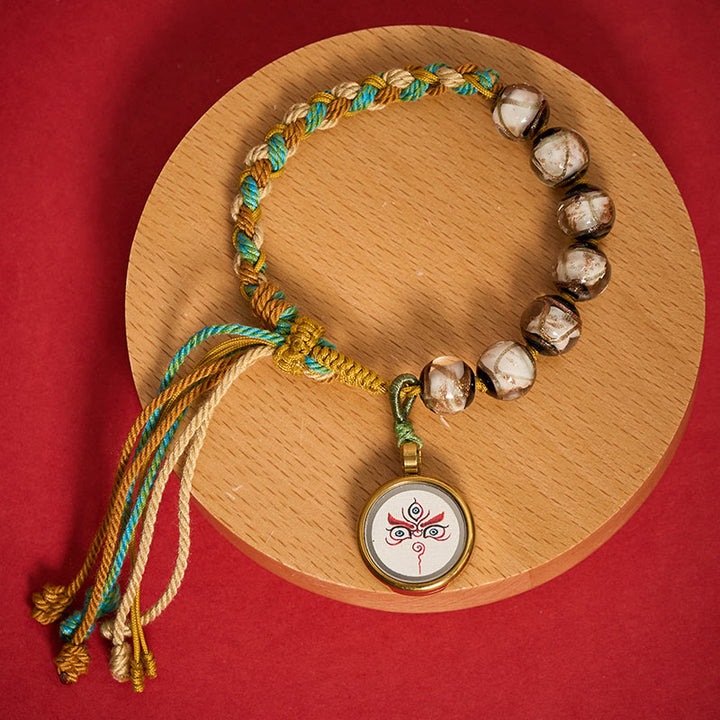 Buddha Stones Pulsera de hilo con cuentas de vidrio tibetano Liuli, cinco direcciones, dioses de la riqueza, bendición del ojo de Buda - Jambhala blanca (circunferencia de la muñeca: 15-24 cm) - image 19