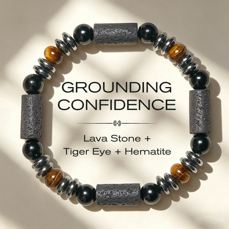 Buddha Stones Pulsera poderosa de obsidiana ojo de tigre natural, hematita y roca de lava - 15-17 cm - image 0