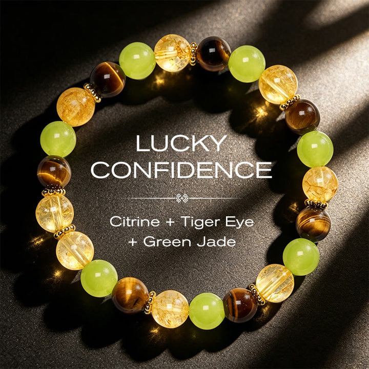 Buddha Stones Pulsera de la prosperidad con citrino natural, ojo de tigre y jade verde. - Citrino Ojo de Tigre Jade Verde (Circunferencia de la muñeca 14-16 cm) - image 0