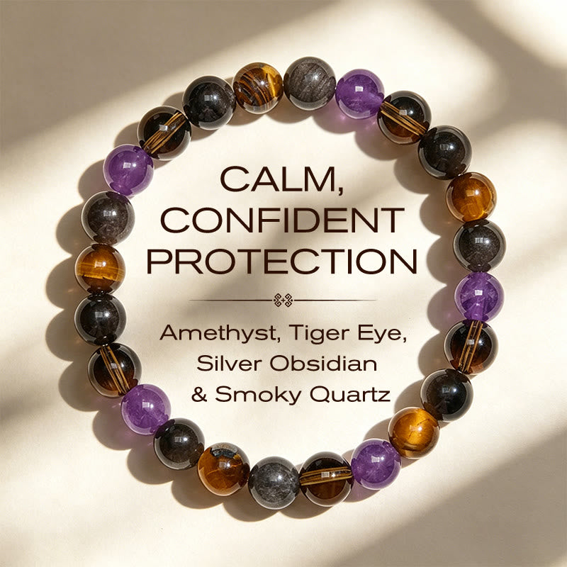 Buddha Stones Pulsera curativa de amatista natural, ojo de tigre, obsidiana negra y cuarzo ahumado - 14-16 cm - image 0