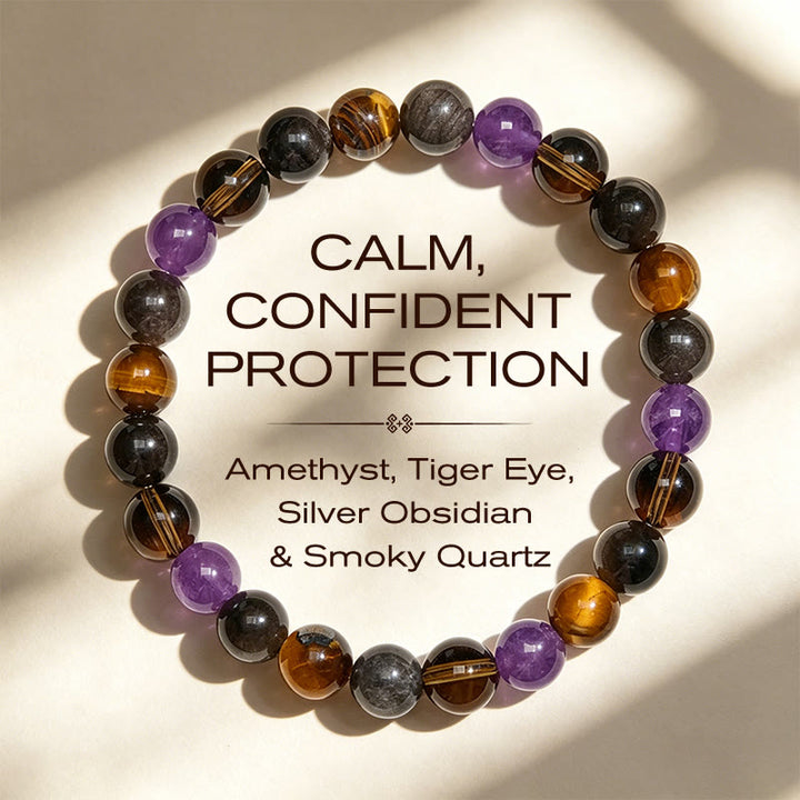 Buddha Stones Pulsera curativa de amatista natural, ojo de tigre, obsidiana negra y cuarzo ahumado - 14-16 cm - image 0