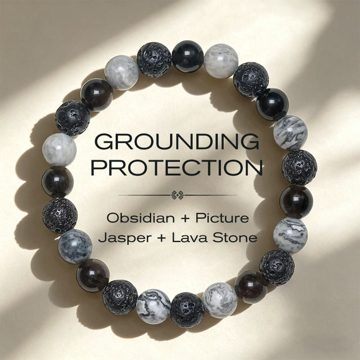 Buddha Stones Pulsera de soporte con cuentas de jaspe Picasso, roca de lava obsidiana negra y roca de lava. - Obsidiana negra, jaspe Picasso, roca de lava (circunferencia de la muñeca: 14-16 cm) - image 0