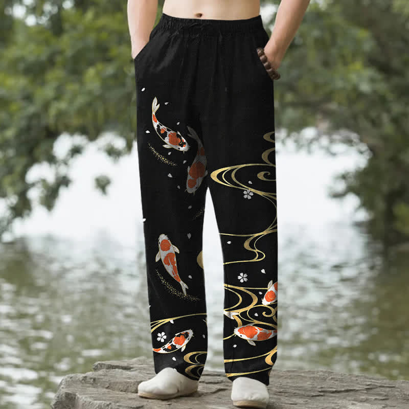 Buddha Stones Pantalones de hombre de algodón con estampado de peces koi y corte ajustado, con bolsillos. - Negro - US/UK/AU50, EU60 (5XL) - image 0