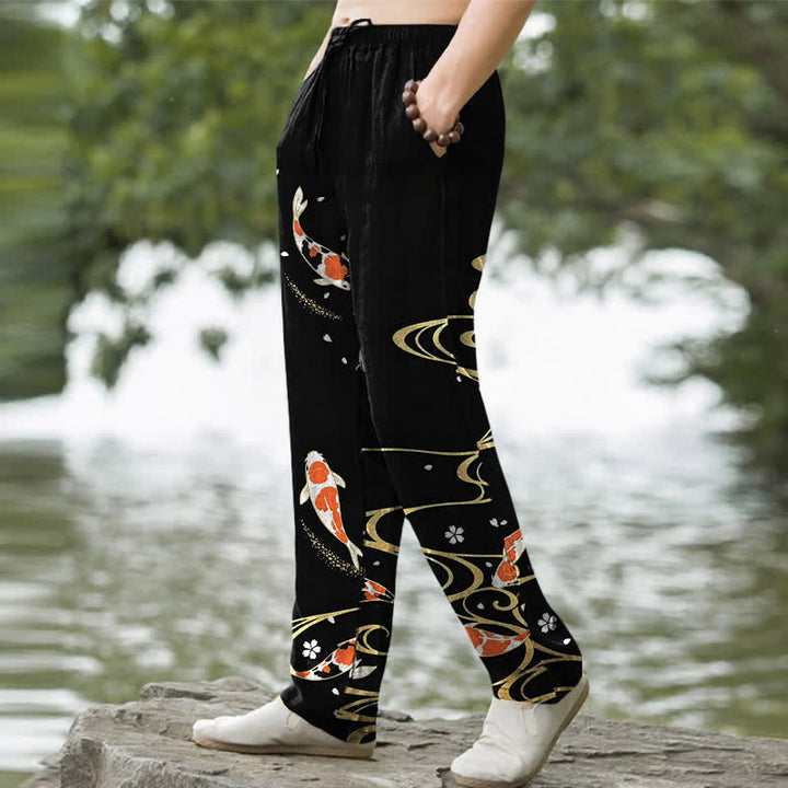Buddha Stones Pantalones de hombre de algodón con estampado de peces koi y corte ajustado, con bolsillos. - image 1