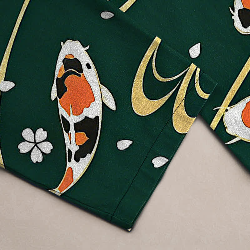Buddha Stones Pantalones de hombre de algodón con estampado de peces koi y corte ajustado, con bolsillos. - image 6